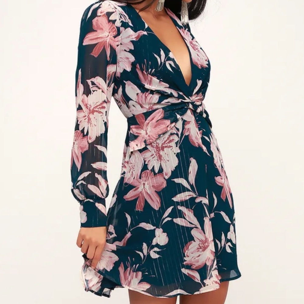 Lulus Teal Blue Floral Print Dress